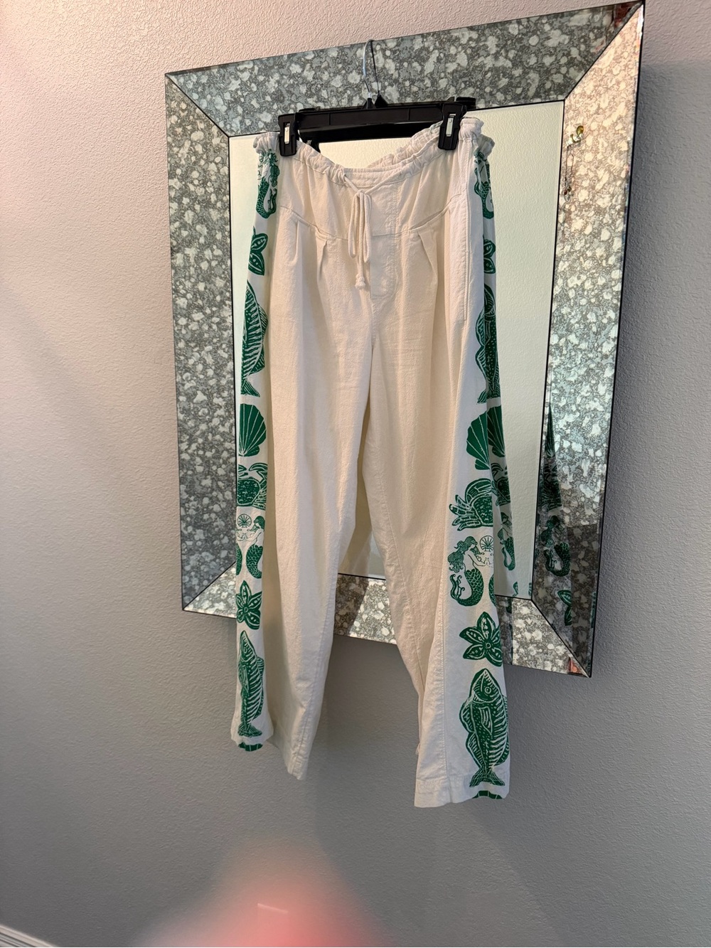 Free People Cream Lounge Pants with Green Sea Life Embroidery - Picture 2 of 3